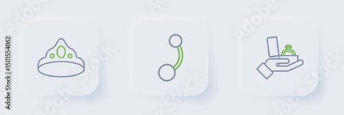 Set line Diamond engagement ring in box, Piercing and King crown icon. Vector