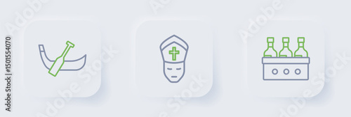 Set line Bottles of wine, Pope and Gondola boat icon. Vector