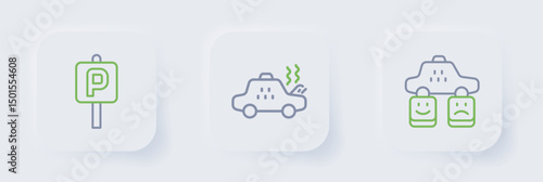 Set line Taxi service rating, Broken taxi car and Parking icon. Vector