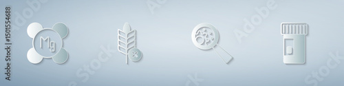 Set Magnesium, Gluten free grain, GMO and Vitamins. Paper art style. Vector