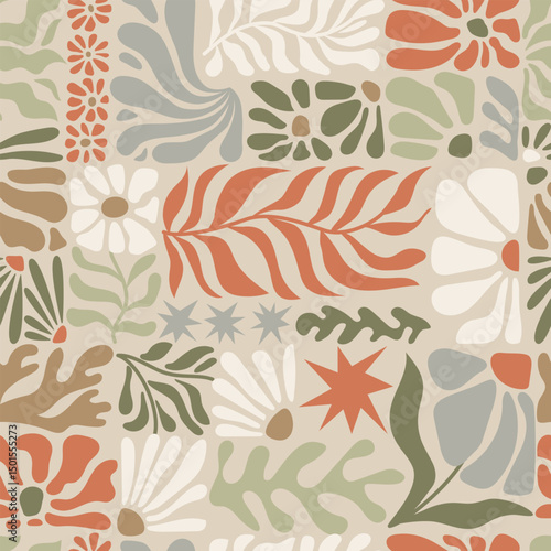 Seamless pattern with ink doodle abstract flowers and leaves. Trendy tropical background. Hand drawn vector illustration. Boho, beach, jungle wallpaper.