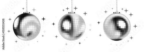 Pixelated halftone disco balls with sparkles on white background in retro monochrome style