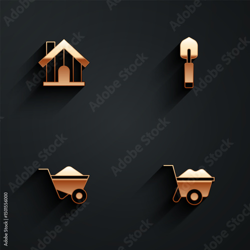 Set Farm house, Garden trowel spade or shovel, Wheelbarrow and icon with long shadow. Vector