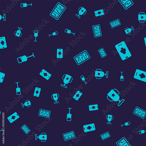 Set Wine glass, Online poker table game, Slot machine with jackpot and Casino trophy cup on seamless pattern. Vector