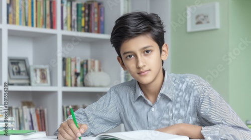 Young student studying and writing at desk