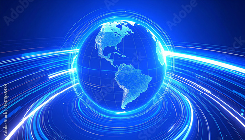 Global Network in Motion: A luminous depiction of the Earth, interwoven with dynamic trails of light, signifies the ever-evolving realm of global networking and communication, rendered in a sleek.