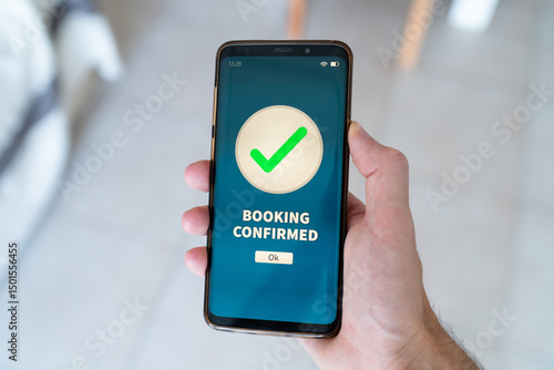Booking confirmed notification on smart phone. Concept of booking a vacation stay