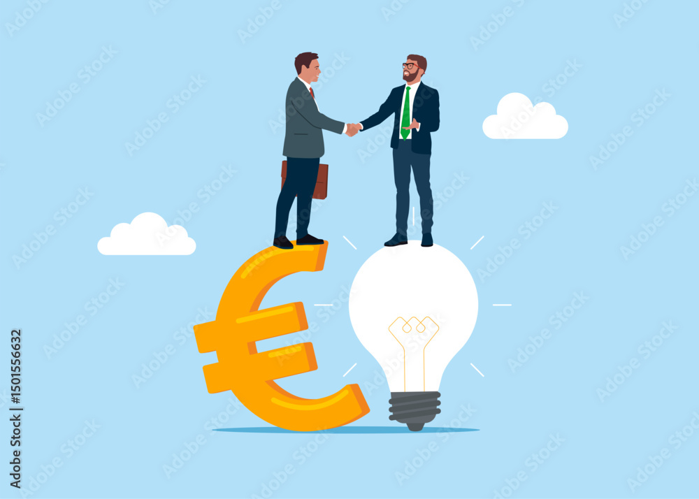 Entrepreneur standing on light bulb idea lamp shaking hands businessman with Euro sign. Idea pitching, fundraising and venture capital, selling business or merger agreement concept. Vector Entrepreneur standing on light bulb idea lamp shaking hands businessman with Euro sign. Idea pitching, fundraising and venture capital, selling business or merger agreement concept. Vector