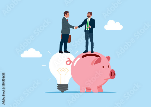 Businessman standing on light bulb idea lamp shaking hands entrepreneur with pink piggy bank. Investment profit growth, financial advisor. Make money to get rich or increase earning or income. Vector