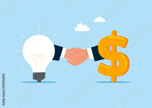 Shaking hands business team with light bulb and dollar sign. Idea pitching, fundraising and venture capital, selling business or merger agreement concept. Flat vector illustration
