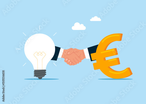 Shaking hands business team with light bulb and Euro sign. Idea pitching, fundraising and venture capital, selling business or merger agreement concept. Flat vector illustration
