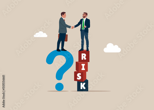 Businessman standing on question mark idea lamp shaking hands entrepreneur with cubic on stack with the word RISK. Risk management, control or assess to lose money in investing. Vector illustration