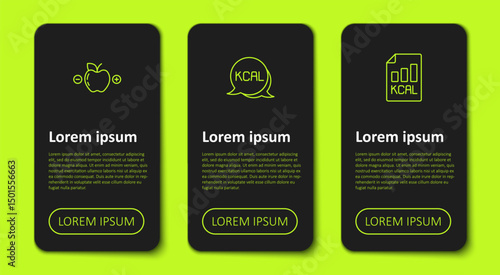 Set line Calorie calculator, Kcal and Diet plan. Business infographic template. Vector