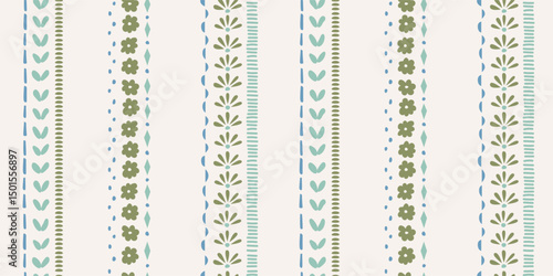 Seamless pattern with ink doodle abstract flowers and strokes in vertical stripes. Trendy cottage core background. Hand drawn vector illustration. Boho, beach, preppy wallpaper.