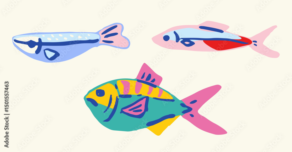 Fototapeta premium Set of Hand drawn ink vector fish illustration. Conceptual, naive marine sketch. Element for poster, social media, banners, invitation. Trendy abstract sardine collection.