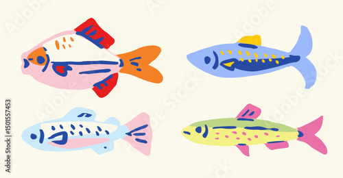 Set of Hand drawn ink vector fish illustration. Conceptual, naive marine sketch.  Element for poster, social media, banners, invitation. Trendy abstract sardine collection.