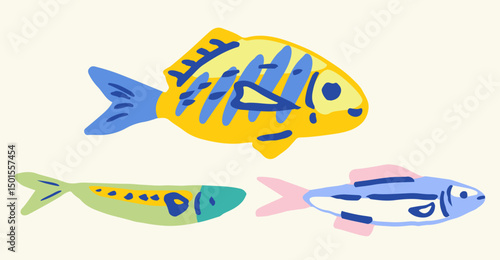 Set of Hand drawn ink vector fish illustration. Conceptual, naive marine sketch.  Element for poster, social media, banners, invitation. Trendy abstract sardine collection.