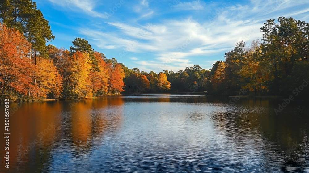 Fototapeta premium Autumnal Reflections: Serene Lake and Colorful Trees