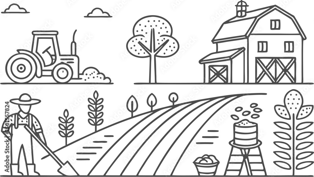 Fototapeta premium Farmer icons set. Outline set of farmer vector icons for web design isolated on a seamless vector doodle illustration in black and white background.