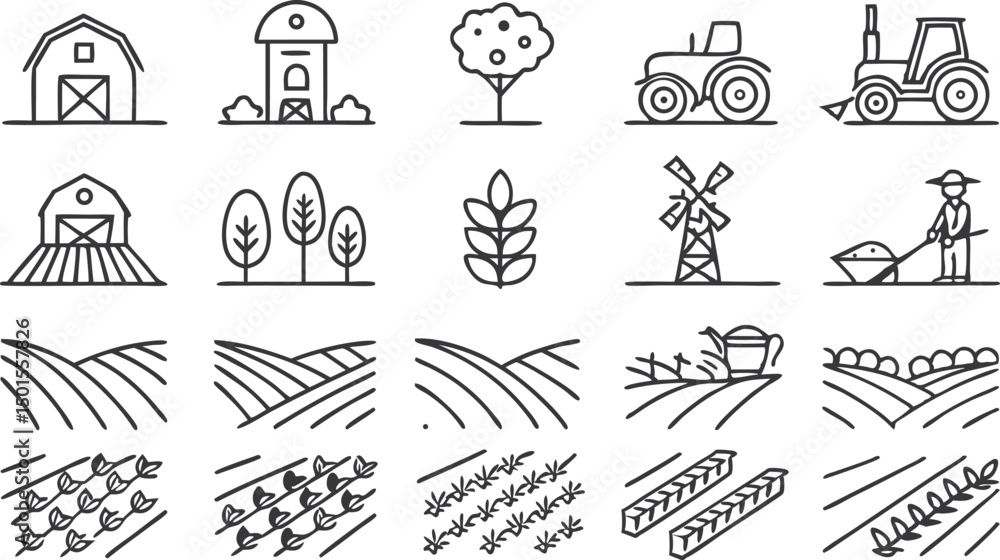 Fototapeta premium Farmer icons set. Outline set of farmer vector icons for web design isolated on a seamless vector doodle illustration in black and white background.