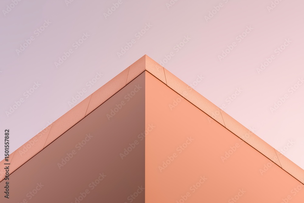 Triangular building with sloping roof and terracotta facade at dawn or dusk Triangular building with sloping roof and terracotta facade at dawn or dusk