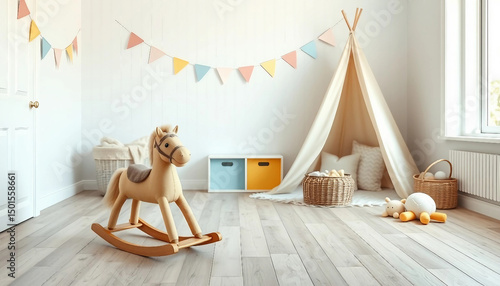 Children's playroom in scandinavian style. Children's toys. Light interior of the room