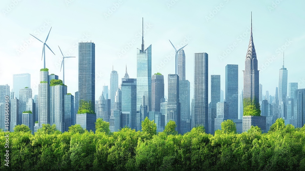 Cityscape with Greenery and Wind Turbines Depicting Eco-friendly Urban Design Cityscape with Greenery and Wind Turbines Depicting Eco-friendly Urban Design