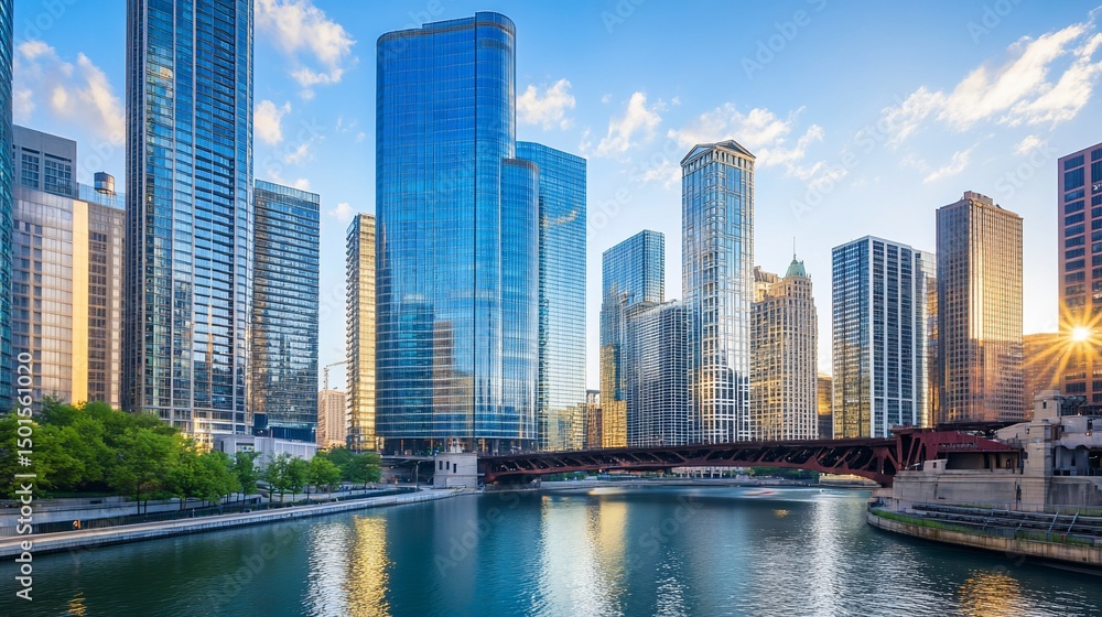 Obraz premium Chicago Skyline: Riverfront Cityscape at Sunrise