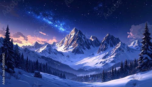 Snow Covered Mountain Range Under A Starry Night Sky, Astrophotography Style, Serene