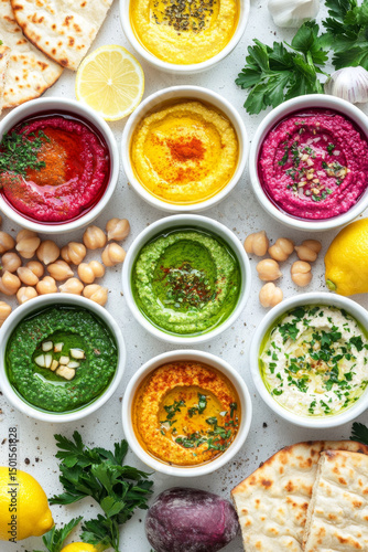 Wallpaper Mural Colorful Assortment of Fresh Hummus with Herbs and Ingredients Torontodigital.ca