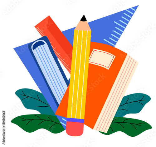 Children's School. Back to School Illustration Set. School Vector Designs Set. Colourful Stationery Supplies. Perfect for educational materials, school promotions, and children's products. 