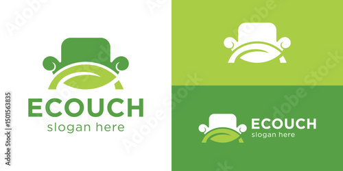Creative simple eco couch logo template. Sofa with leaf symbol for Nature furniture logo design vector illustration.