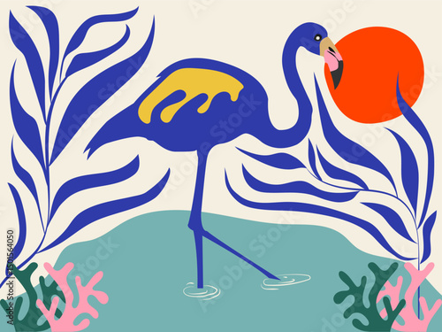 Abstract illustration of flowers and flamingos in the sea at sunset in Matisse style