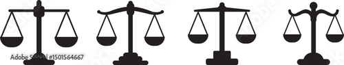 Justice scale icon set – law and balance symbols in black silhouette