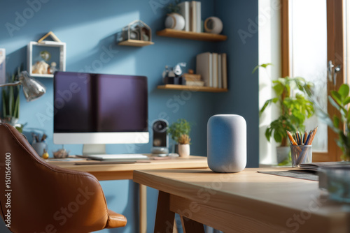 Wallpaper Mural This home office showcases a sleek design with an AI-powered speaker on a wooden desk. A computer and vibrant plants enhance the workspace, creating an inviting atmosphere for productivity Torontodigital.ca