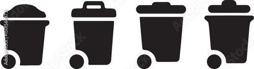Trash bin icon set – rolling garbage can silhouettes for waste and recycling
