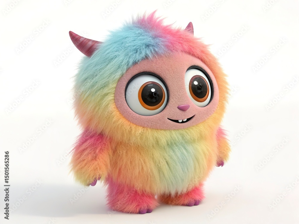 Fototapeta premium Cute colored furry monster 3D cartoon character with big eyes and goofy smile. Separate white background.
