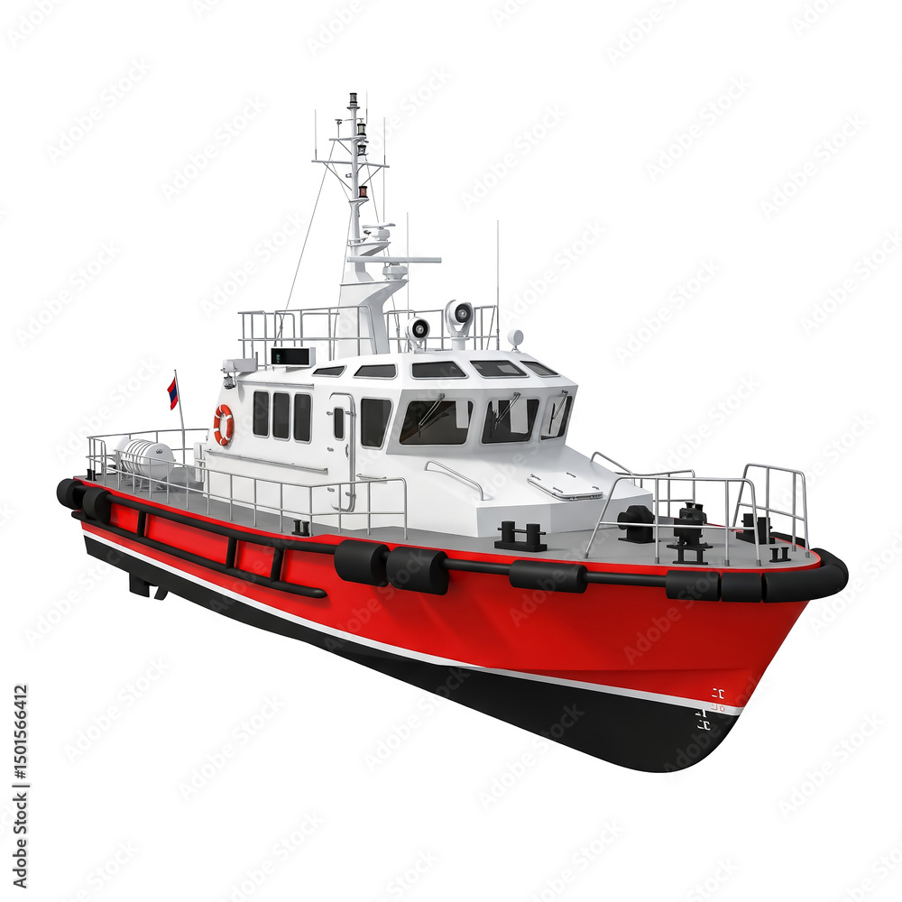 Fototapeta premium Rescue vessel operating in coastal waters during a clear daytime, showcasing bright red and white colors