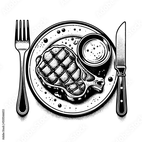 Steak with sauce on plate engraving black and white outline. Scratch board imitation.  illustrated in vintage line art style on a white background.