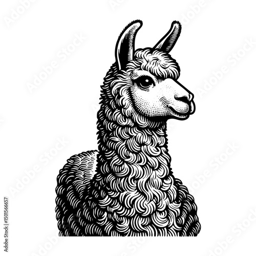 Llama portrait sketch engraving black and white outline. Scratch board imitation.  illustrated in vintage line art style on a white background.