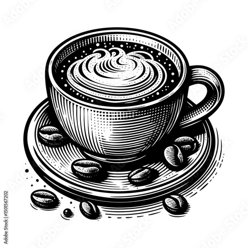 hot coffee cup engraving black and white outline. Scratch board imitation.  illustrated in vintage line art style on a white background.