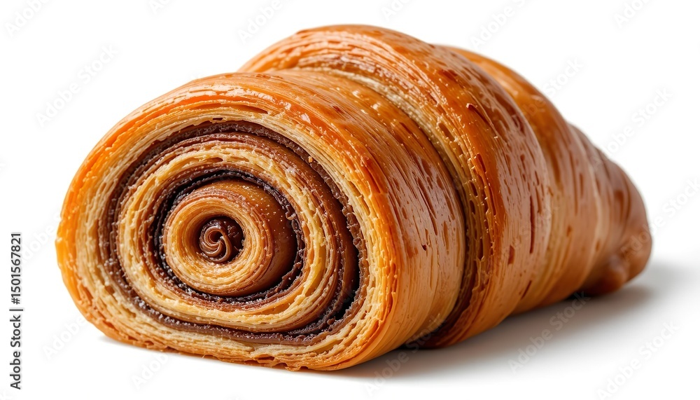 Fototapeta premium A close-up image of a golden brown pain au chocolat (chocolate croissant) seen from the side, showing the spiral layers of flaky puff pastry