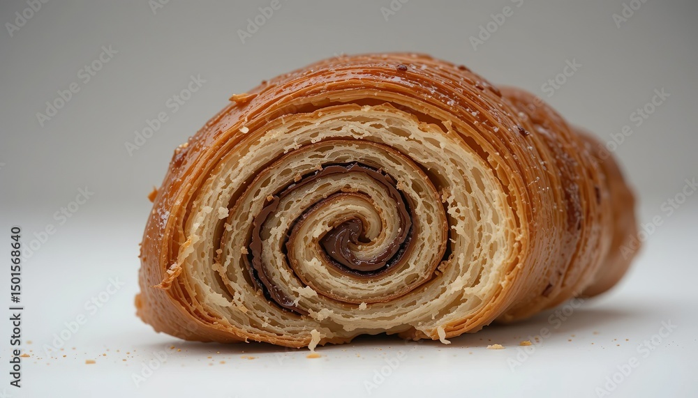 Fototapeta premium A close-up image of a golden brown pain au chocolat (chocolate croissant) seen from the side, showing the spiral layers of flaky puff pastry