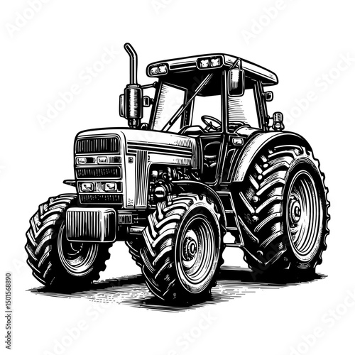 Tractor on farm field engraving black and white outline. Scratch board imitation.  illustrated in vintage line art style on a white background.
