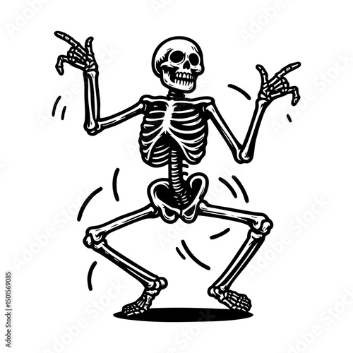 skeleton dancing engraving black and white outline. Scratch board imitation.