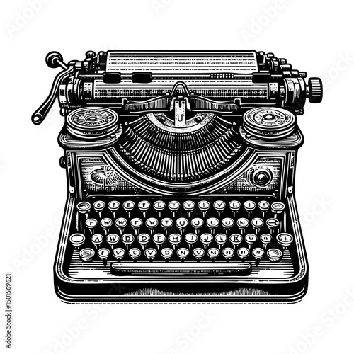 Retro typewriter machine section sketch engraving black and white outline. Scratch board imitation.