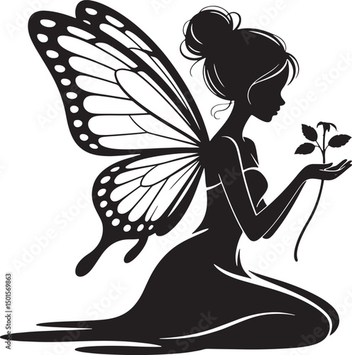 Silhouette of a Fairy with Colorful Wings Holding a Rose
