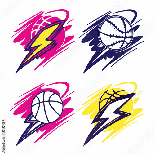 Dynamic sport ball logos with lightning bolts, transparent background