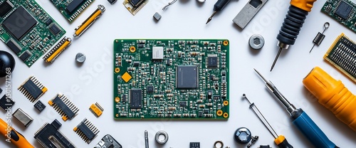 High-Tech Electronic Components and Tools Arranged on a White Background for Tech