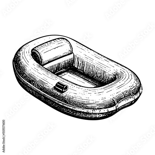 Rubber boat sketch engraving black and white outline. Scratch board imitation.  illustrated in vintage line art style on a white background.